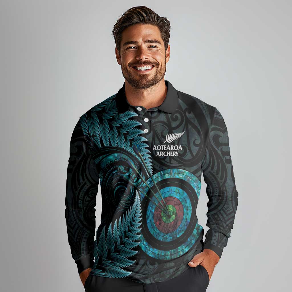 New Zealand Archery Long Sleeve Polo Shirt Aotearoa Silver Fern Maori - Aussie Hoodie