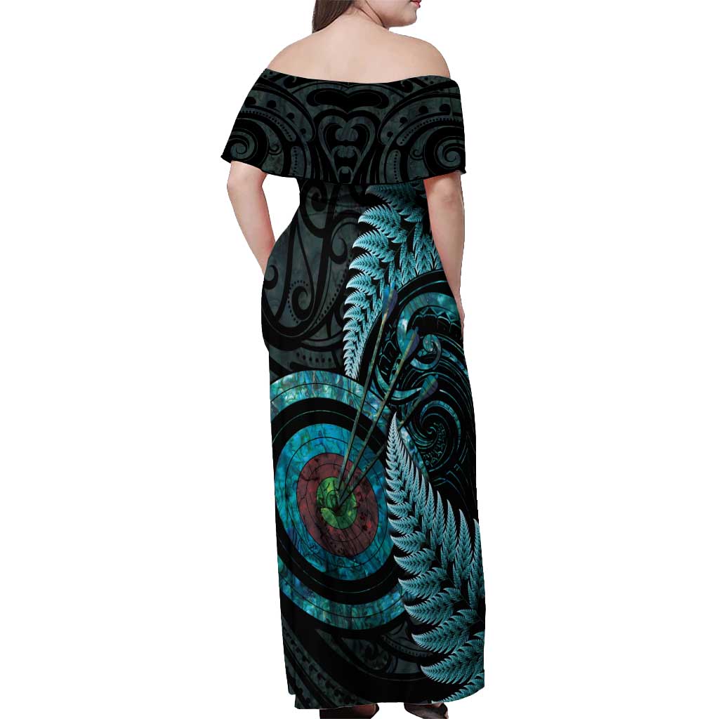 New Zealand Archery Off Shoulder Maxi Dress Aotearoa Silver Fern Maori - Aussie Hoodie