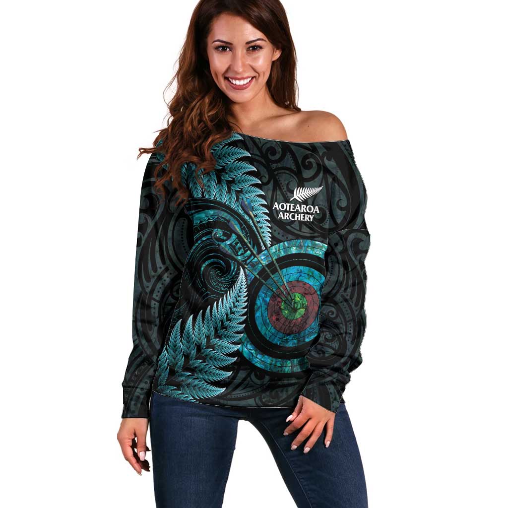 New Zealand Archery Off Shoulder Sweater Aotearoa Silver Fern Maori - Aussie Hoodie