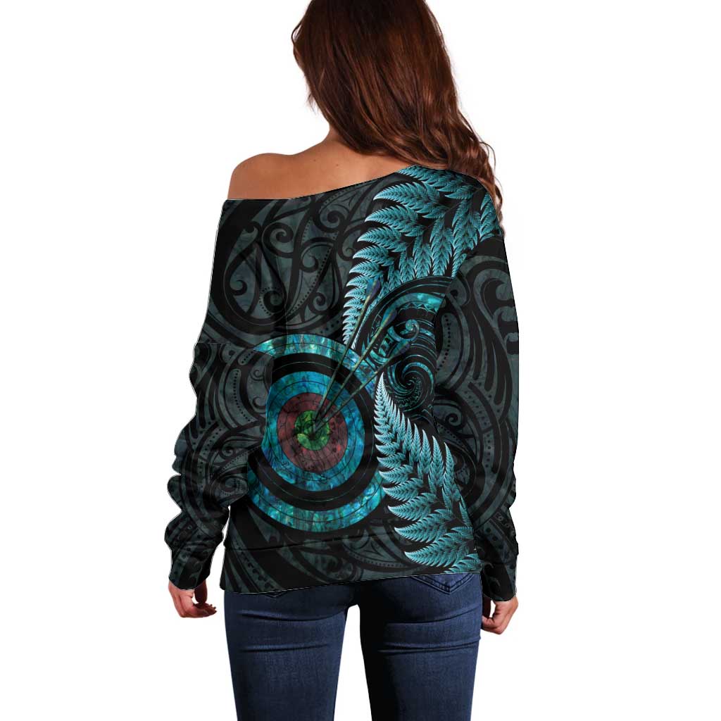 New Zealand Archery Off Shoulder Sweater Aotearoa Silver Fern Maori - Aussie Hoodie