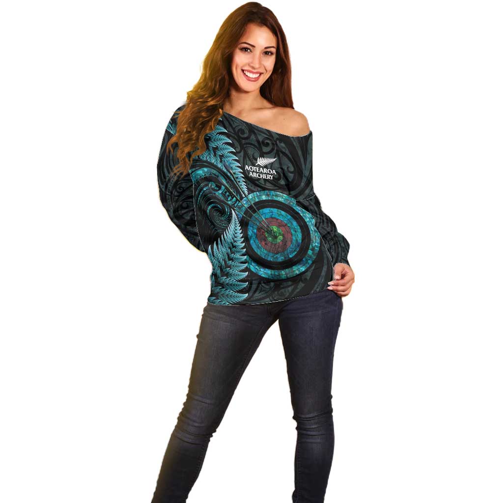 New Zealand Archery Off Shoulder Sweater Aotearoa Silver Fern Maori - Aussie Hoodie