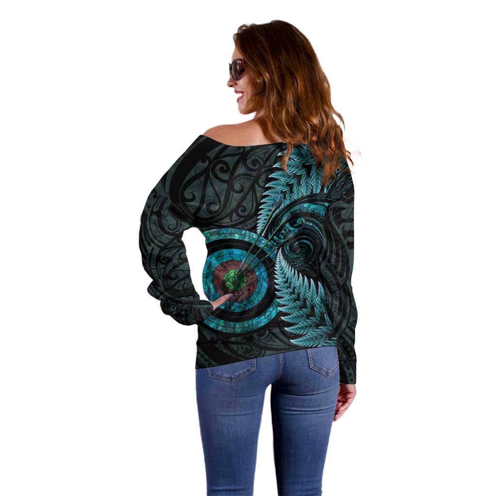 New Zealand Archery Off Shoulder Sweater Aotearoa Silver Fern Maori - Aussie Hoodie