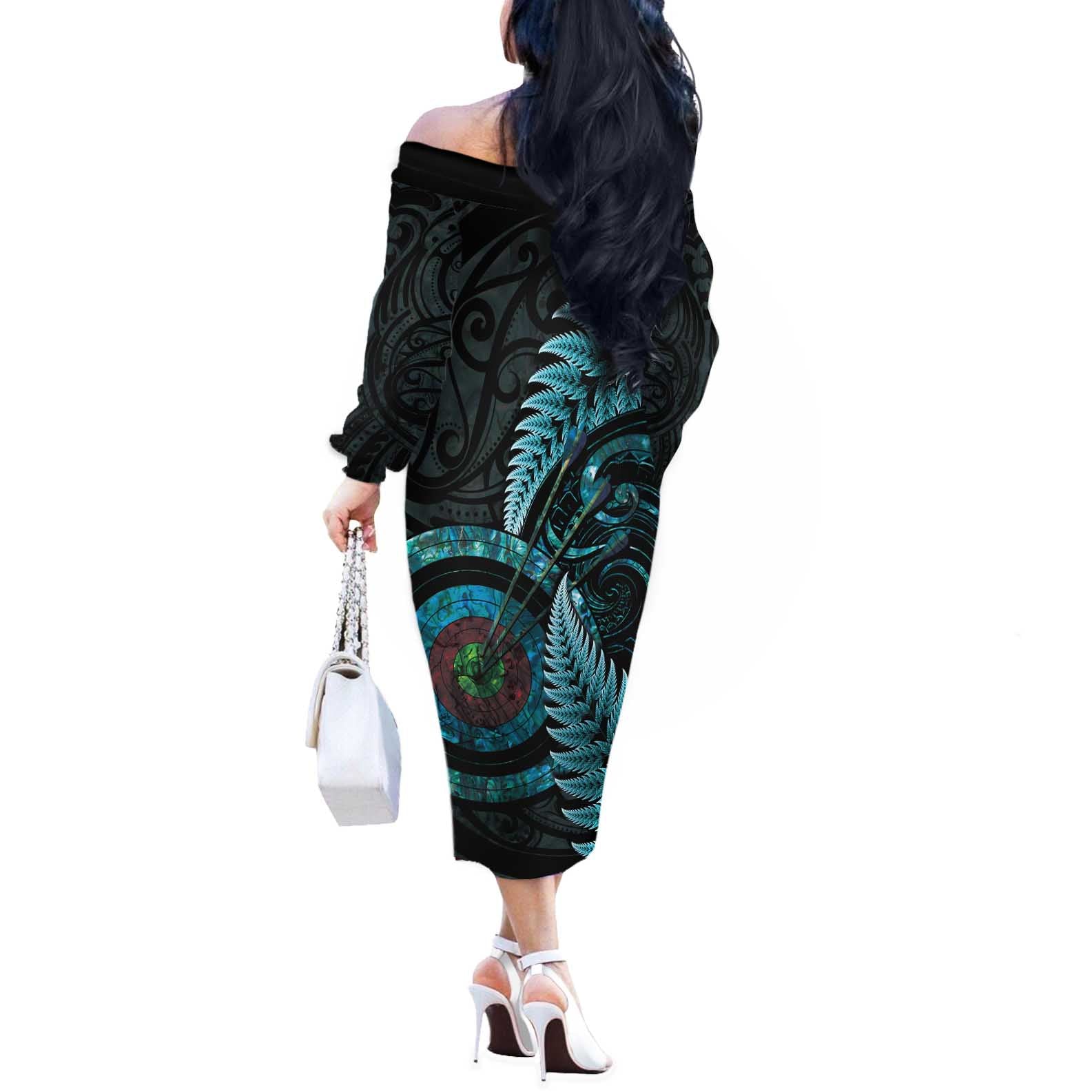 New Zealand Archery Off The Shoulder Long Sleeve Dress Aotearoa Silver Fern Maori - Aussie Hoodie
