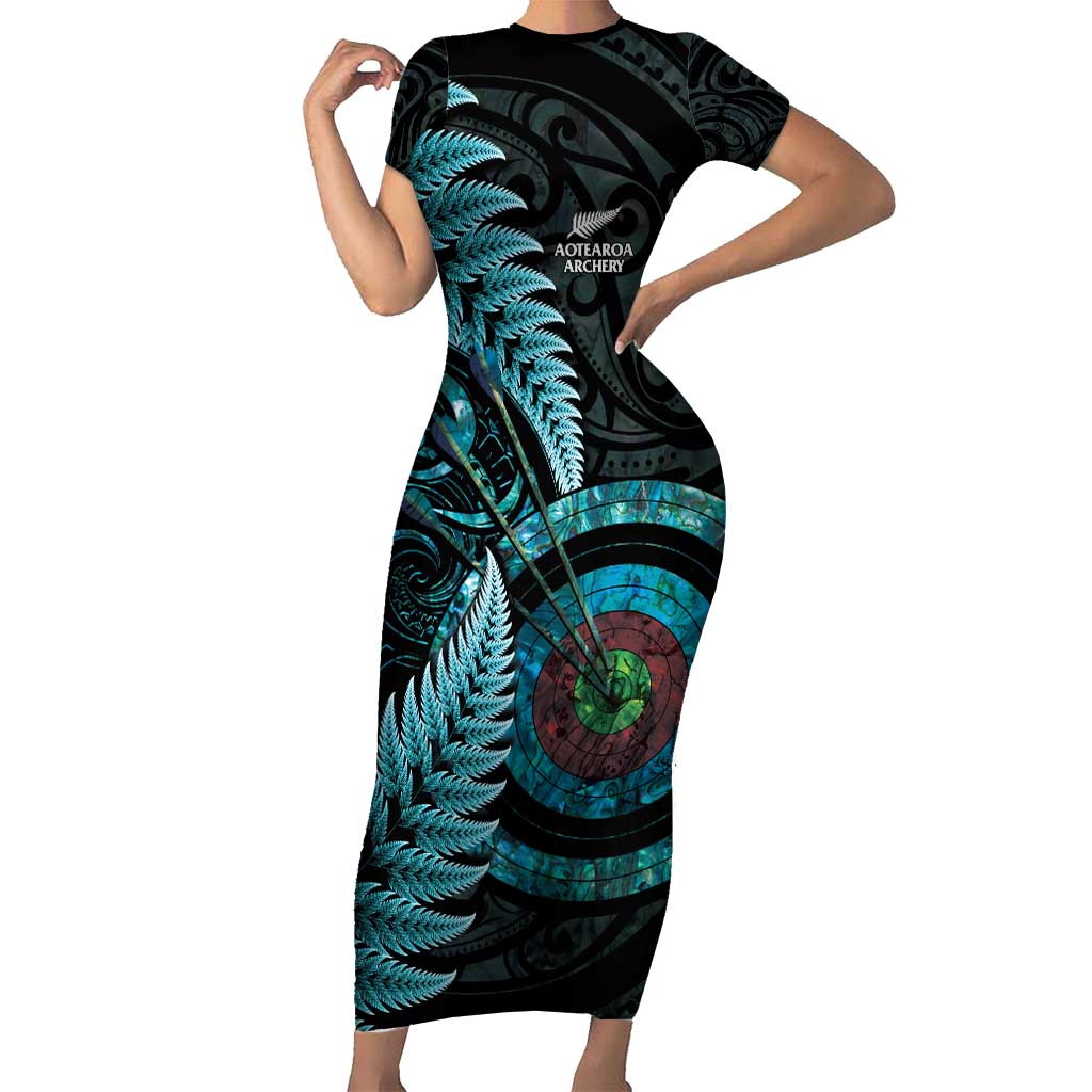 New Zealand Archery Short Sleeve Bodycon Dress Aotearoa Silver Fern Maori - Aussie Hoodie