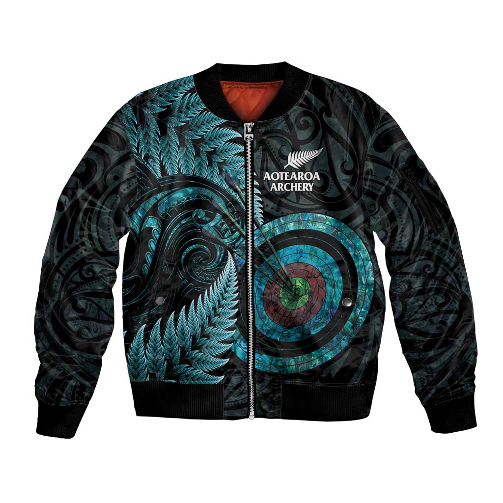 New Zealand Archery Sleeve Zip Bomber Jacket Aotearoa Silver Fern Maori - Aussie Hoodie