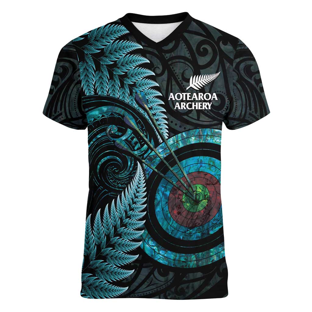 New Zealand Archery Women V-Neck T-Shirt Aotearoa Silver Fern Maori - Aussie Hoodie