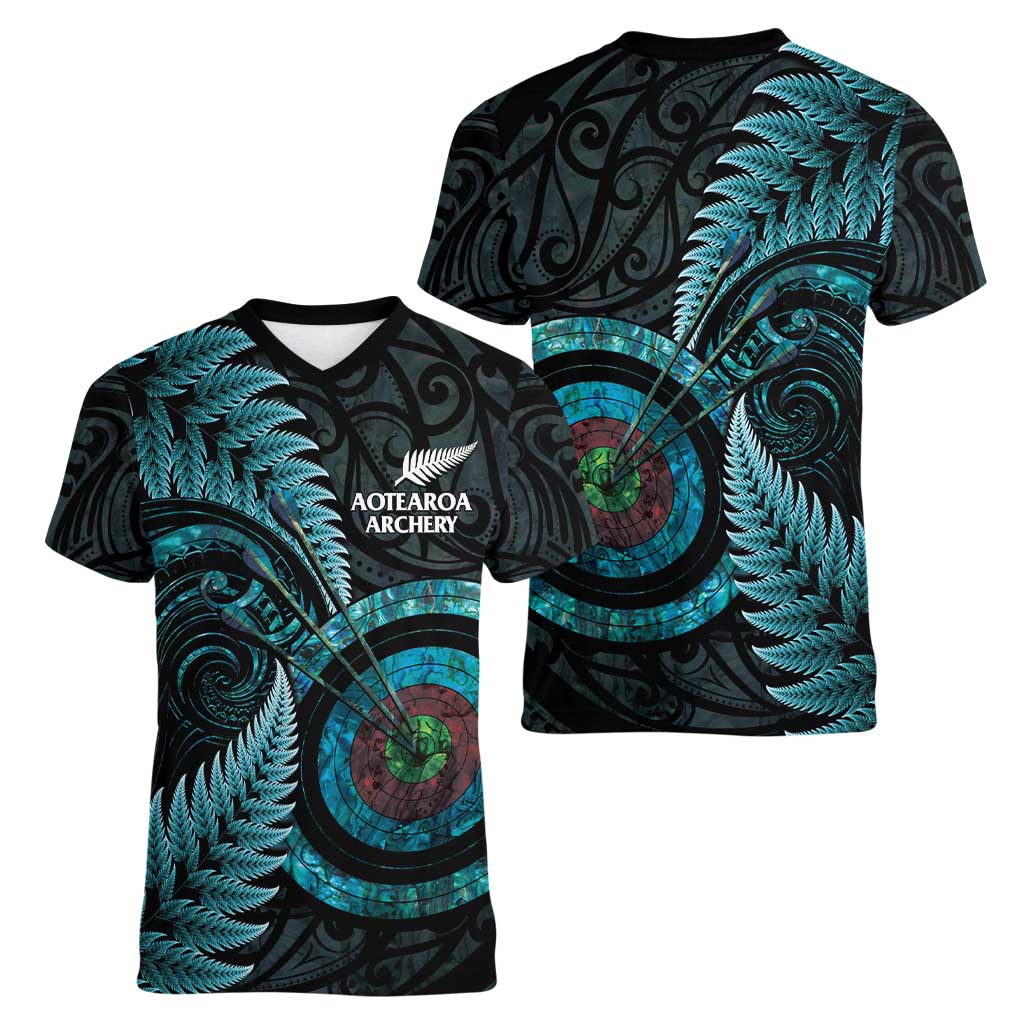 New Zealand Archery Women V-Neck T-Shirt Aotearoa Silver Fern Maori - Aussie Hoodie