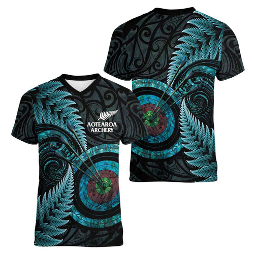 New Zealand Archery Women V-Neck T-Shirt Aotearoa Silver Fern Maori - Aussie Hoodie