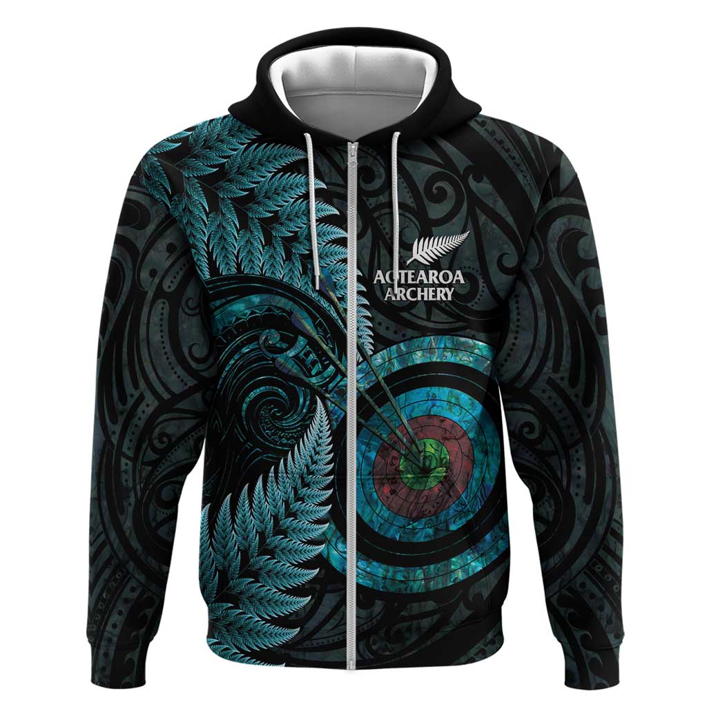 New Zealand Archery Zip Hoodie Aotearoa Silver Fern Maori - Aussie Hoodie