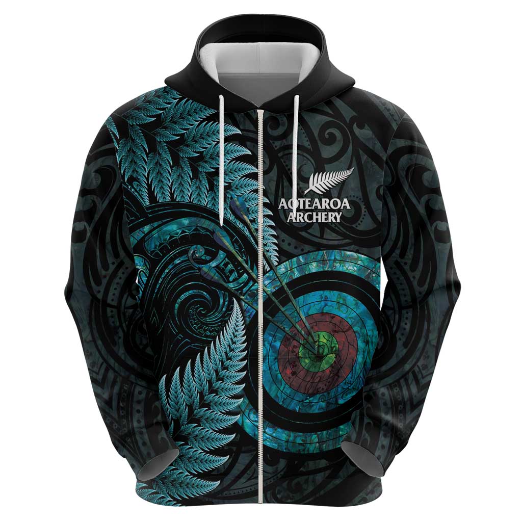New Zealand Archery Zip Hoodie Aotearoa Silver Fern Maori - Aussie Hoodie