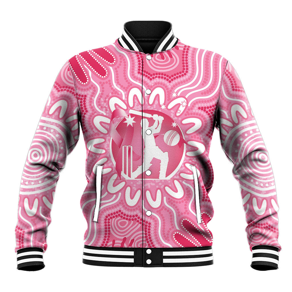 Australia Cricket Breast Cancer Personalised Baseball Jacket Pink Ribbon Aboriginal Art