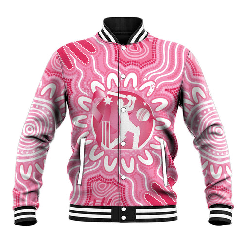 Australia Cricket Breast Cancer Personalised Baseball Jacket Pink Ribbon Aboriginal Art