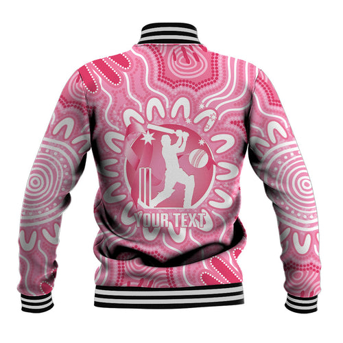 Australia Cricket Breast Cancer Personalised Baseball Jacket Pink Ribbon Aboriginal Art