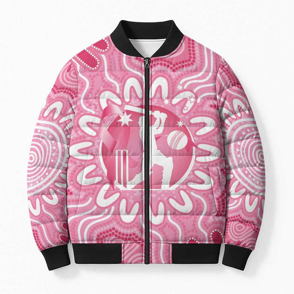 Australia Cricket Breast Cancer Personalised Bomber Puffer Jacket Pink Ribbon Aboriginal Art