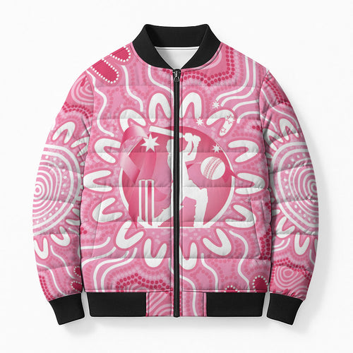 Australia Cricket Breast Cancer Personalised Bomber Puffer Jacket Pink Ribbon Aboriginal Art