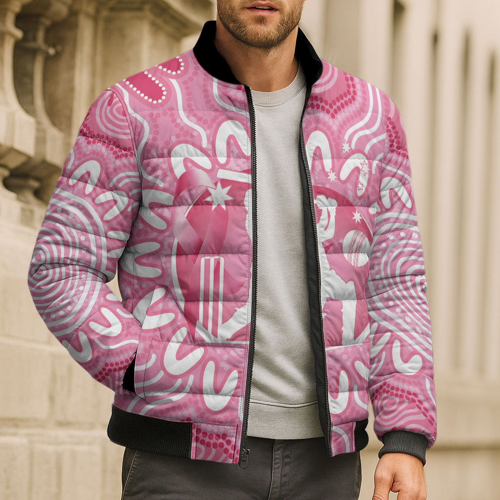 Australia Cricket Breast Cancer Personalised Bomber Puffer Jacket Pink Ribbon Aboriginal Art