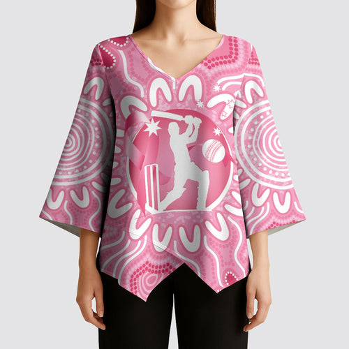 Australia Cricket Breast Cancer Personalised Kimono Sleeve Blouse Pink Ribbon Aboriginal Art