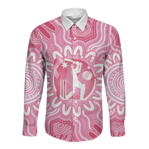 Australia Cricket Breast Cancer Personalised Long Sleeve Button Shirt Pink Ribbon Aboriginal Art