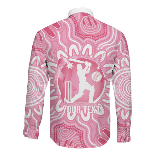 Australia Cricket Breast Cancer Personalised Long Sleeve Button Shirt Pink Ribbon Aboriginal Art