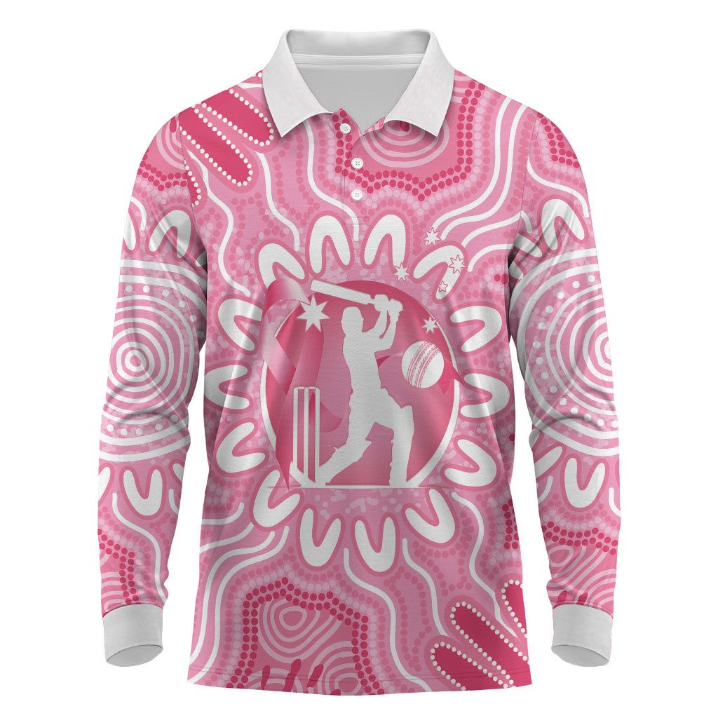 Australia Cricket Breast Cancer Personalised Long Sleeve Polo Shirt Pink Ribbon Aboriginal Art