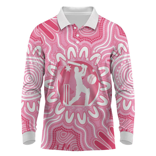 Australia Cricket Breast Cancer Personalised Long Sleeve Polo Shirt Pink Ribbon Aboriginal Art