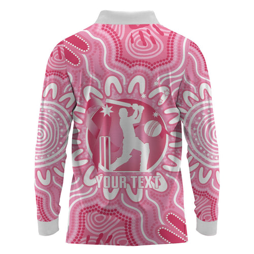 Australia Cricket Breast Cancer Personalised Long Sleeve Polo Shirt Pink Ribbon Aboriginal Art