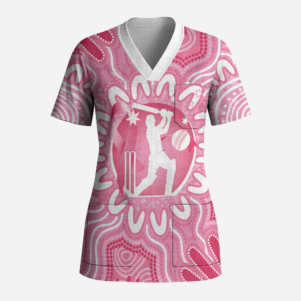 Australia Cricket Breast Cancer Personalised Scrub Top Pink Ribbon Aboriginal Art