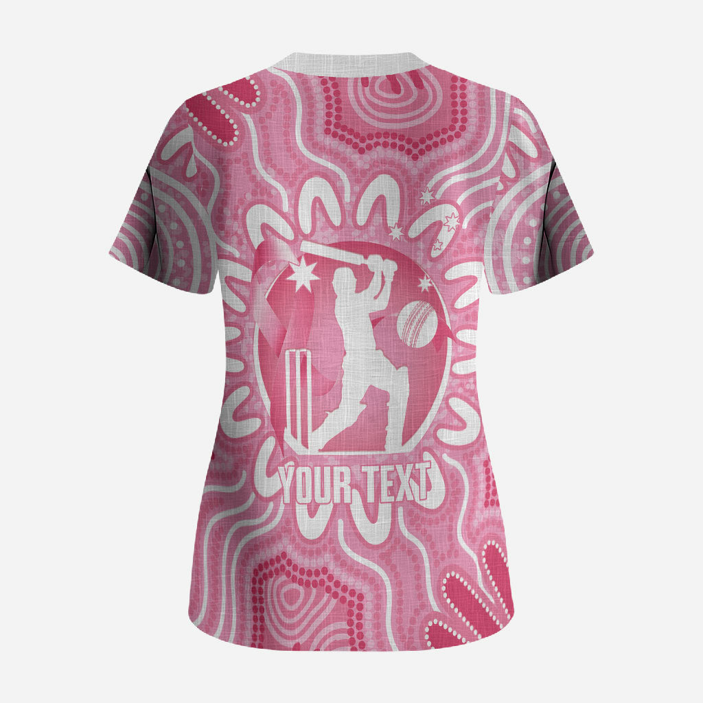 Australia Cricket Breast Cancer Personalised Scrub Top Pink Ribbon Aboriginal Art