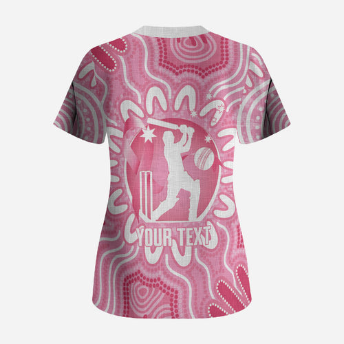 Australia Cricket Breast Cancer Personalised Scrub Top Pink Ribbon Aboriginal Art