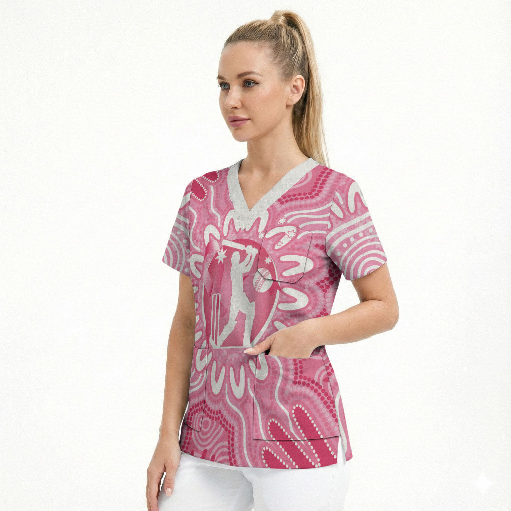 Australia Cricket Breast Cancer Personalised Scrub Top Pink Ribbon Aboriginal Art