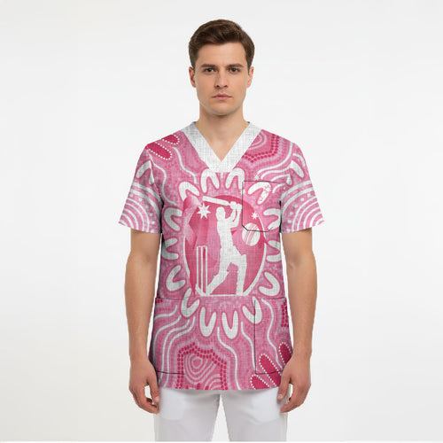 Australia Cricket Breast Cancer Personalised Scrub Top Pink Ribbon Aboriginal Art