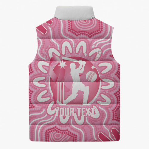 Australia Cricket Breast Cancer Personalised Sleeveless Puffer Jacket Pink Ribbon Aboriginal Art