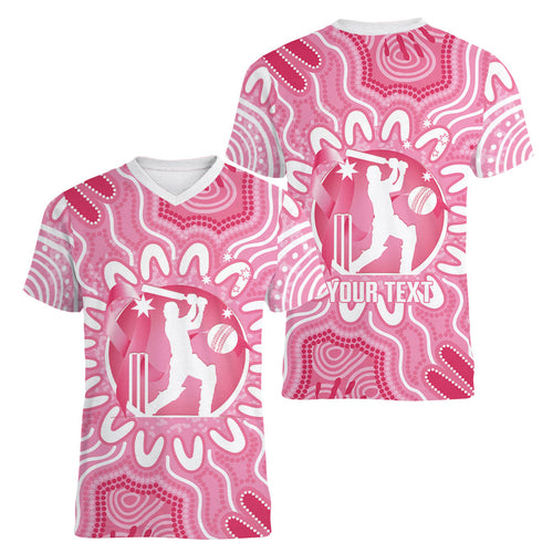 Australia Cricket Breast Cancer Personalised Women V-Neck T-Shirt Pink Ribbon Aboriginal Art