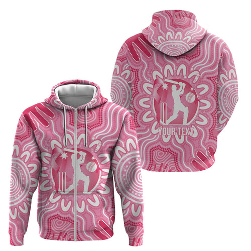 Australia Cricket Breast Cancer Personalised Zip Hoodie Pink Ribbon Aboriginal Art