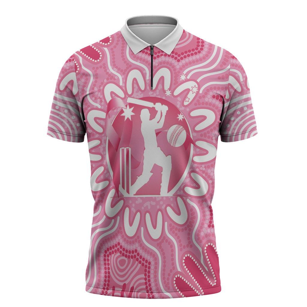 Australia Cricket Breast Cancer Personalised Zipper Polo Shirt Pink Ribbon Aboriginal Art