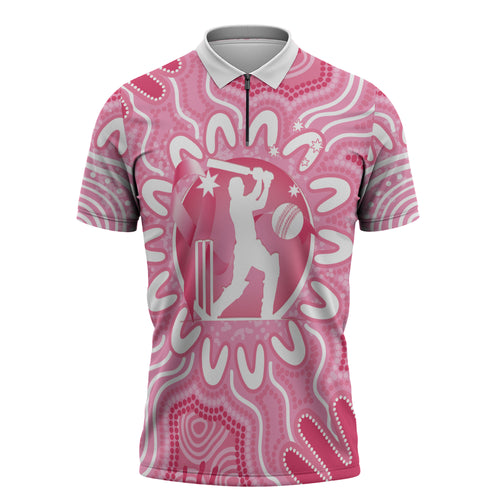 Australia Cricket Breast Cancer Personalised Zipper Polo Shirt Pink Ribbon Aboriginal Art