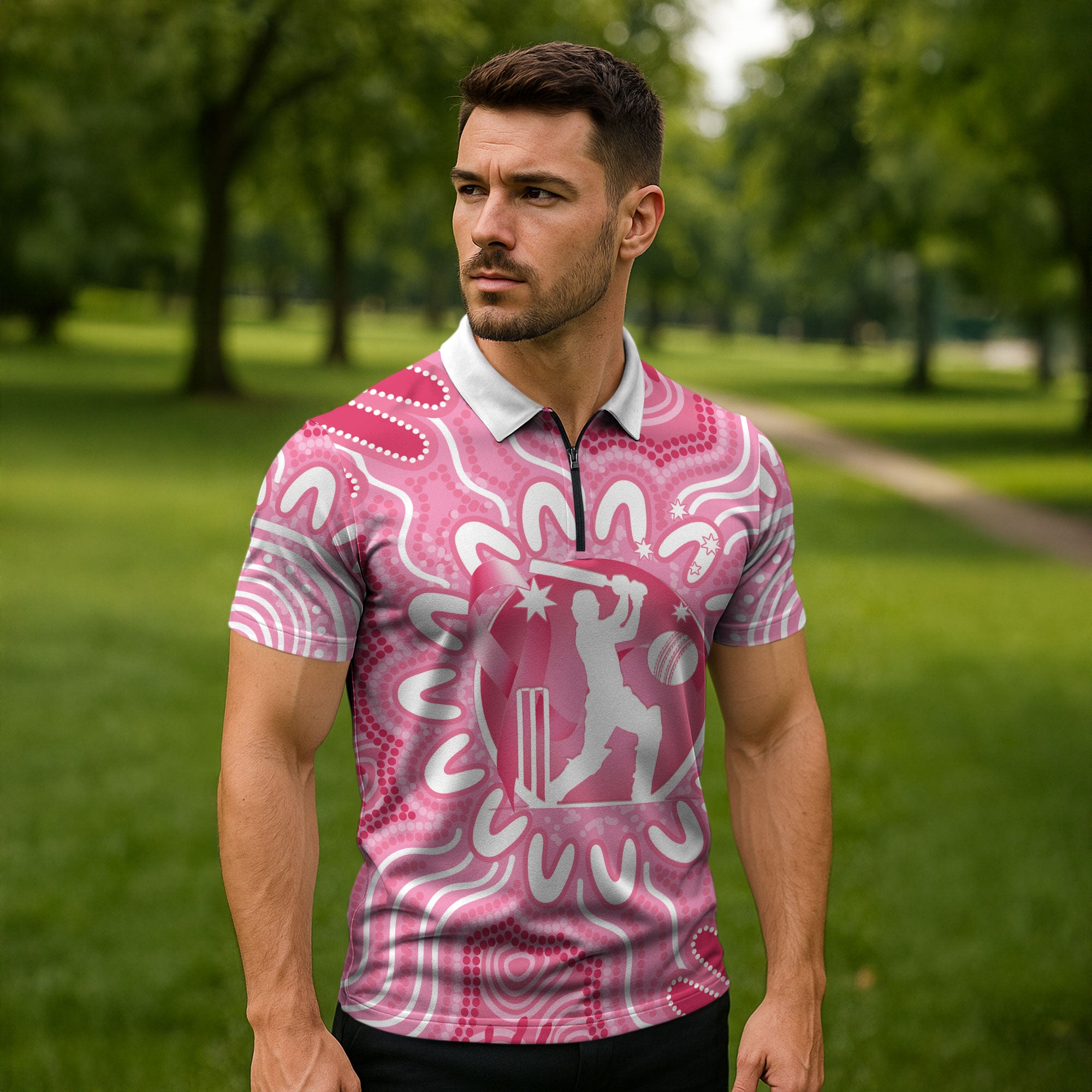 Australia Cricket Breast Cancer Personalised Zipper Polo Shirt Pink Ribbon Aboriginal Art