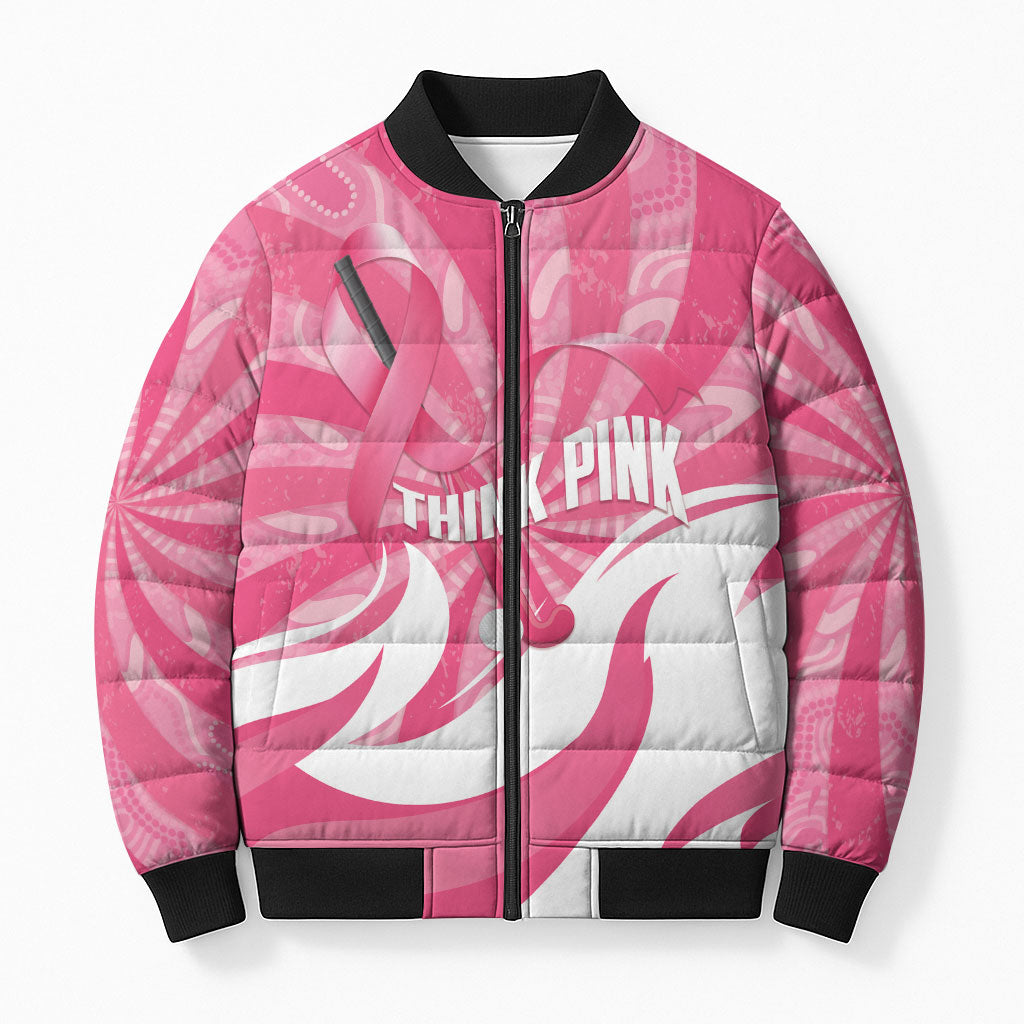 Australia Field Hockey Breast Cancer Personalised Bomber Puffer Jacket Think Pink Ribbon Aboriginal Art