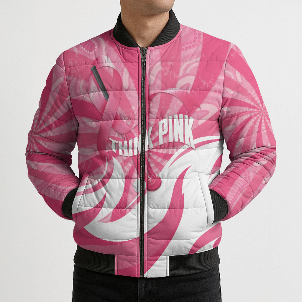 Australia Field Hockey Breast Cancer Personalised Bomber Puffer Jacket Think Pink Ribbon Aboriginal Art