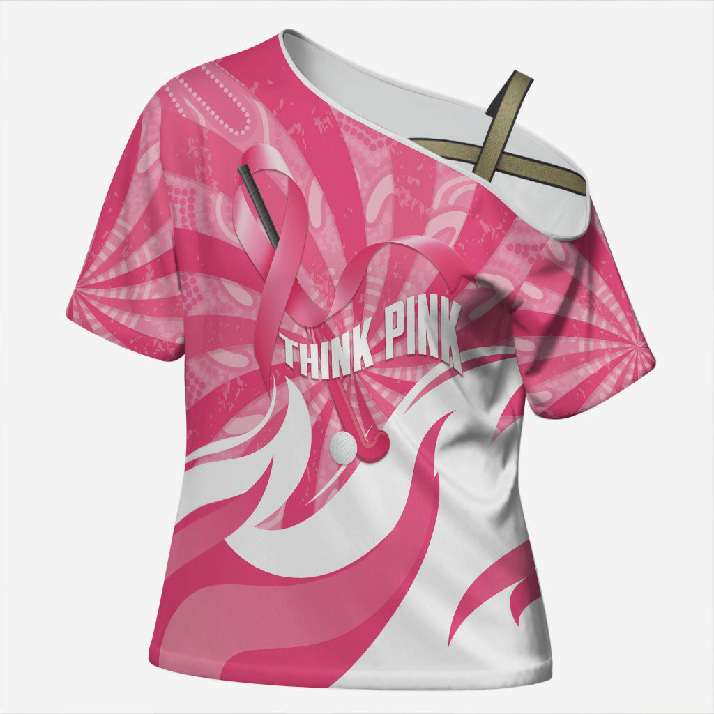 Australia Field Hockey Breast Cancer Personalised Cross Shoulder Shirt Think Pink Ribbon Aboriginal Art