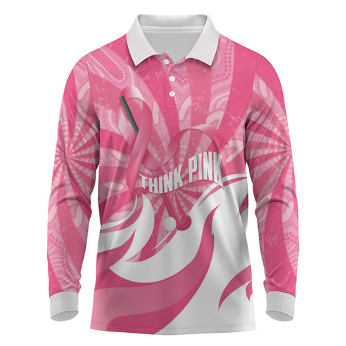 Australia Field Hockey Breast Cancer Personalised Long Sleeve Polo Shirt Think Pink Ribbon Aboriginal Art