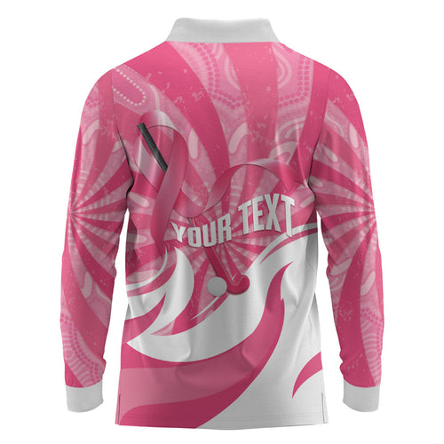 Australia Field Hockey Breast Cancer Personalised Long Sleeve Polo Shirt Think Pink Ribbon Aboriginal Art