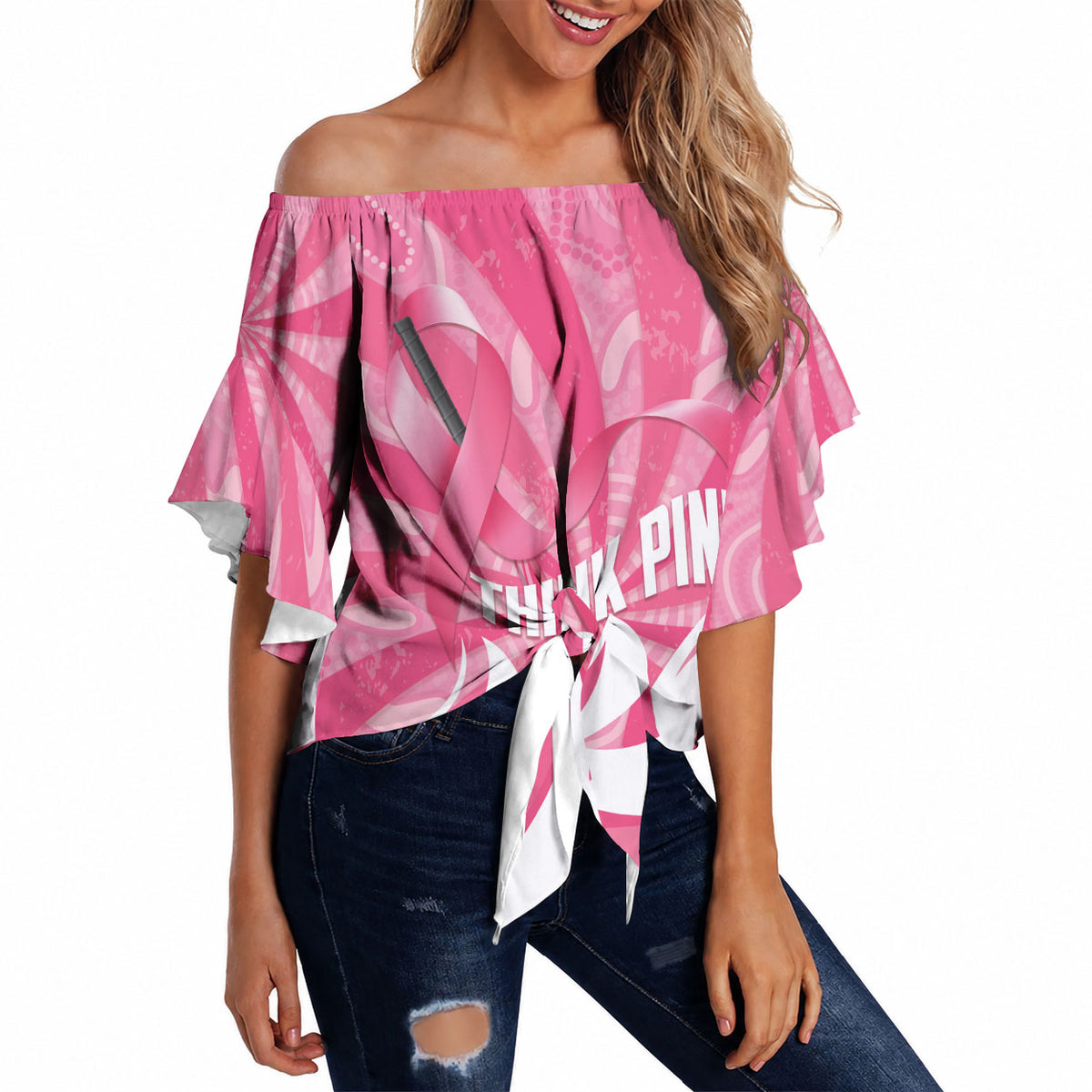 Australia Field Hockey Breast Cancer Personalised Off Shoulder Wrap Waist Top Think Pink Ribbon Aboriginal Art