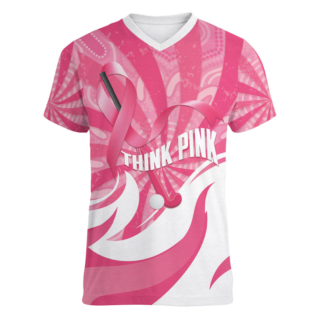 Australia Field Hockey Breast Cancer Personalised Women V-Neck T-Shirt Think Pink Ribbon Aboriginal Art