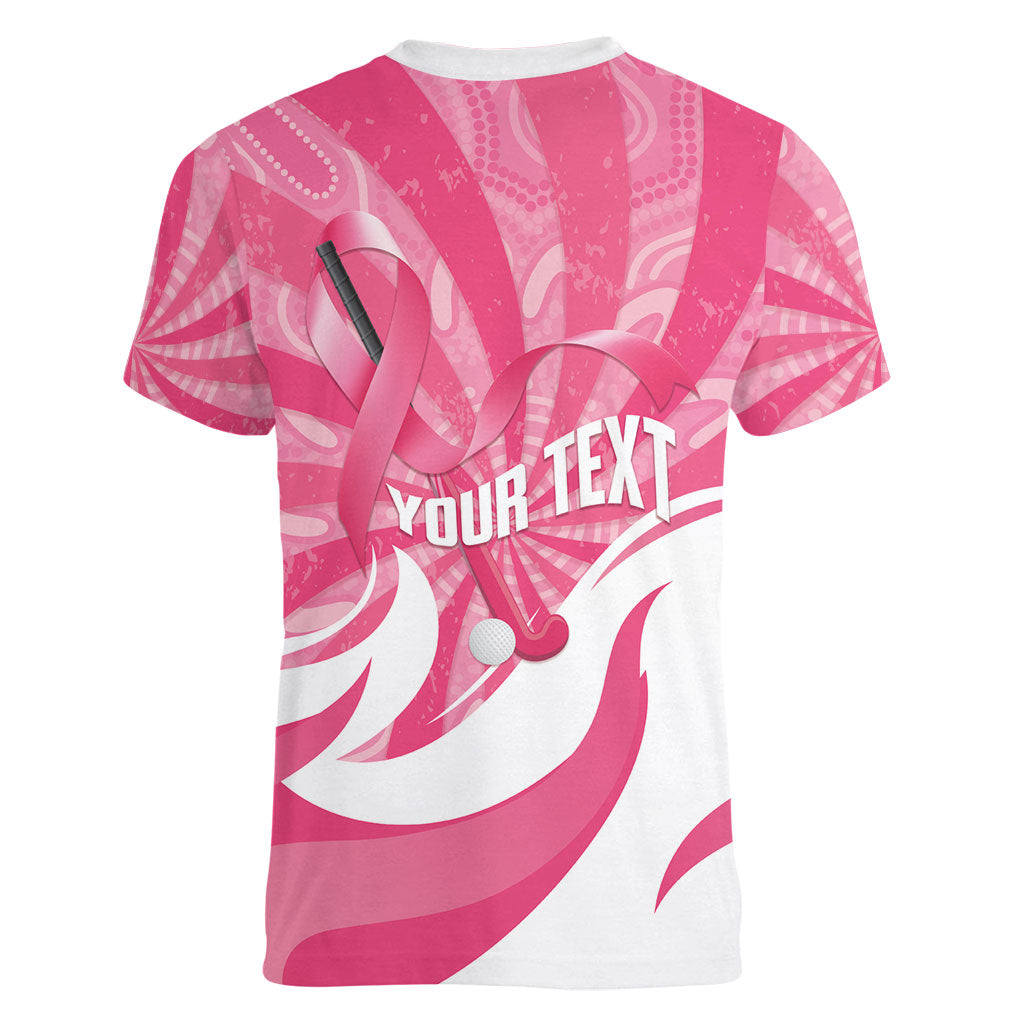 Australia Field Hockey Breast Cancer Personalised Women V-Neck T-Shirt Think Pink Ribbon Aboriginal Art