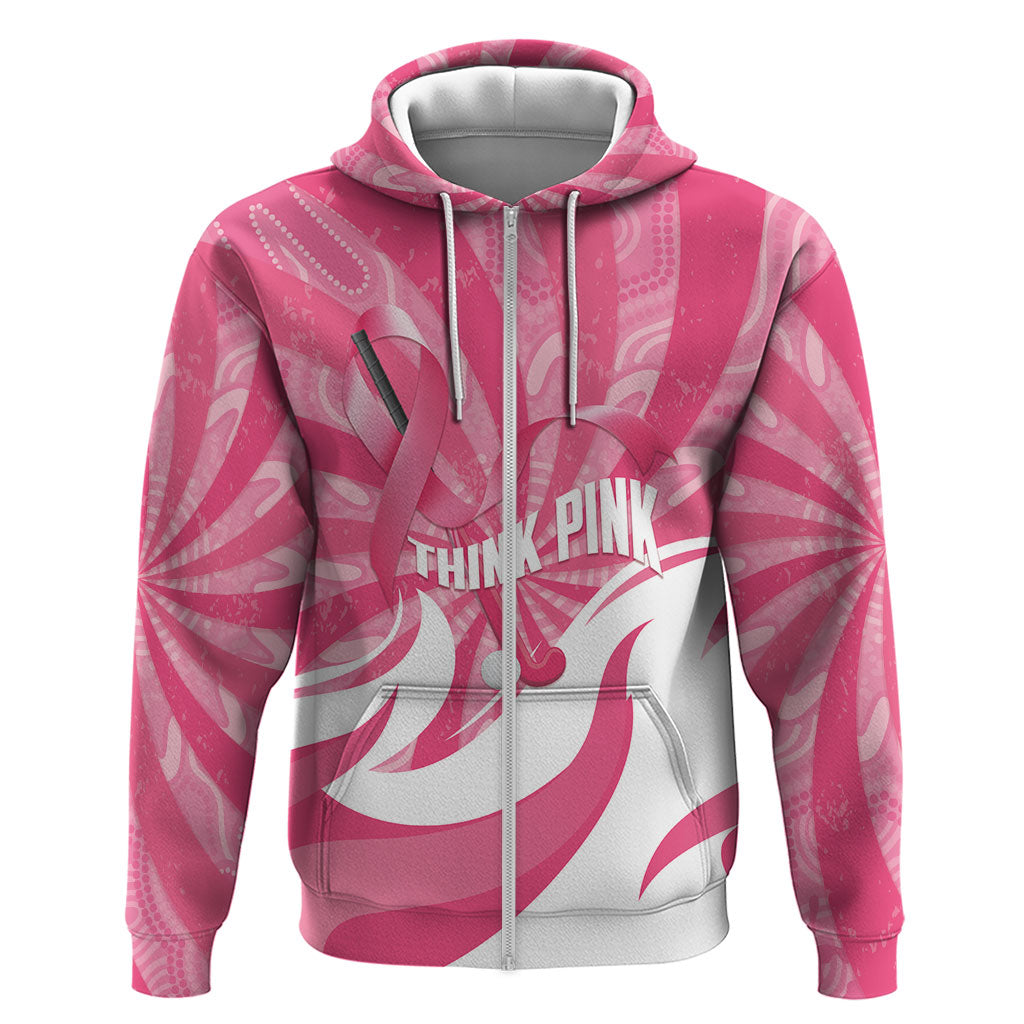 Australia Field Hockey Breast Cancer Personalised Zip Hoodie Think Pink Ribbon Aboriginal Art