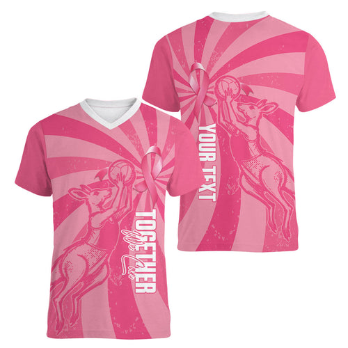 Australia Netball Breast Cancer Personalised Women V-Neck T-Shirt Aussie Kangaroo Together We Can