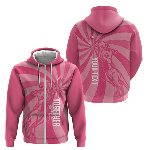 Australia Netball Breast Cancer Personalised Zip Hoodie Aussie Kangaroo Together We Can