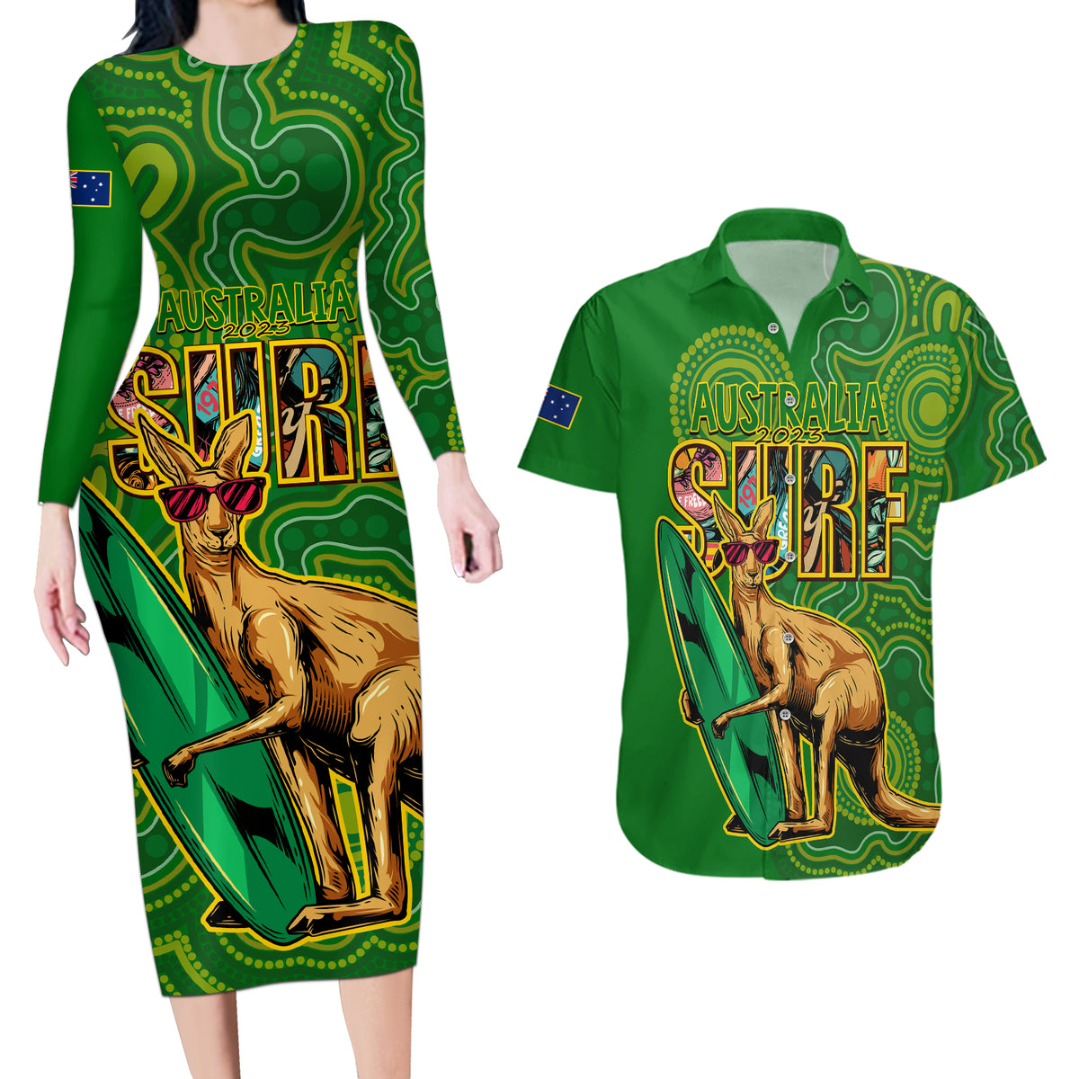 australia-surf-couples-matching-long-sleeve-bodycon-dress-and-hawaiian-shirt-2023-happy-kangaroo-indigenous-artsy