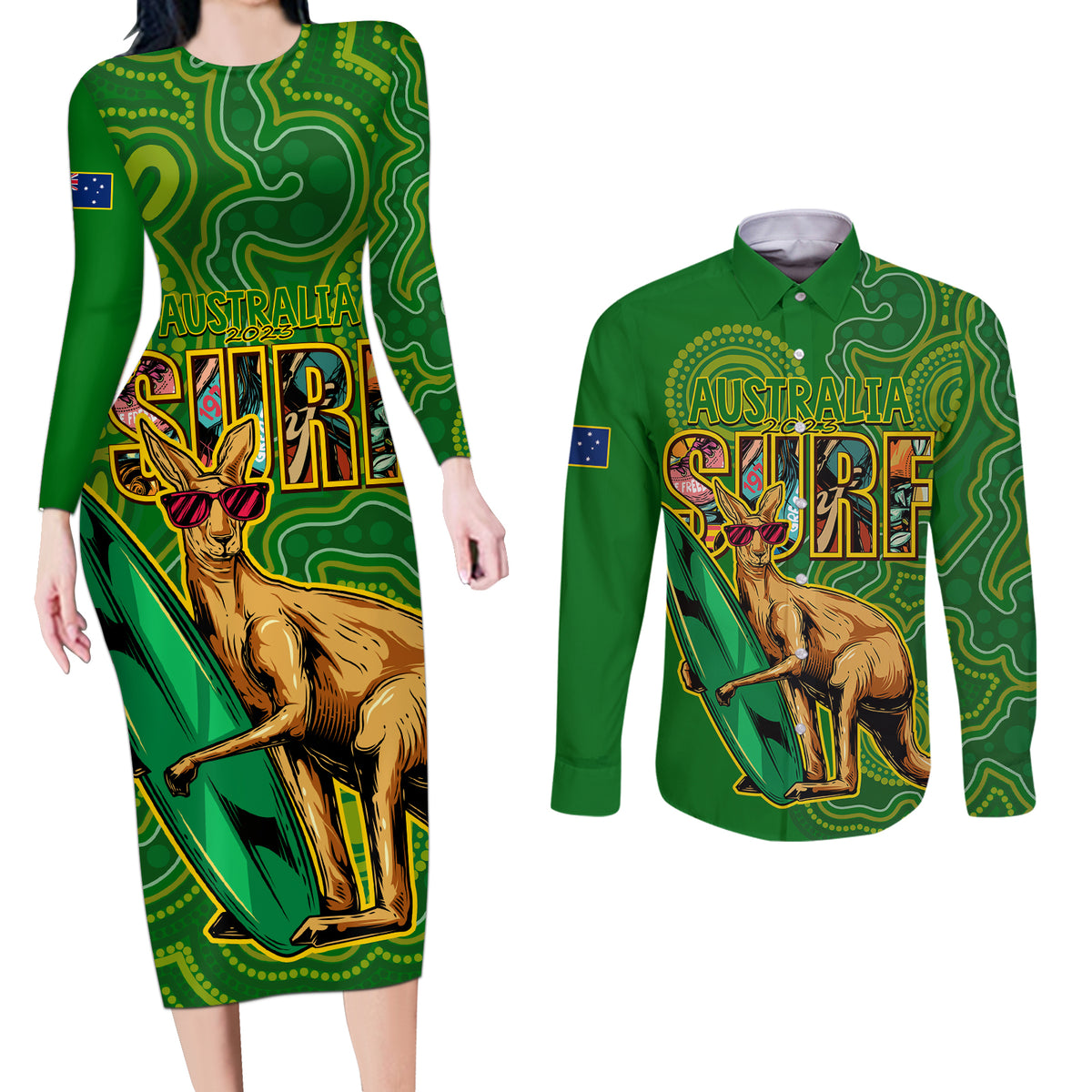 australia-surf-couples-matching-long-sleeve-bodycon-dress-and-long-sleeve-button-shirts-2023-happy-kangaroo-indigenous-artsy